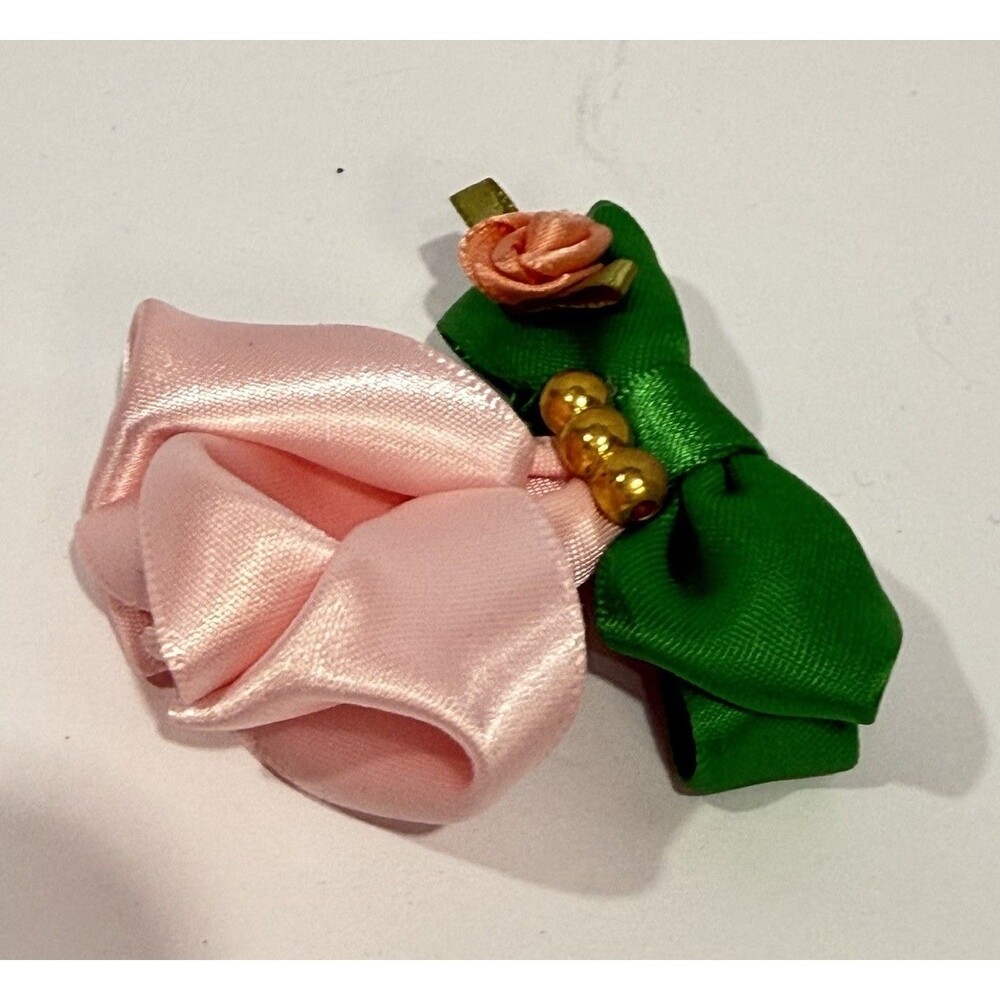 Handmade Satin Rose Hair Clip Pink Flower Green Bow Romantic Cottagecore 2.5 In - Picture 9 of 11